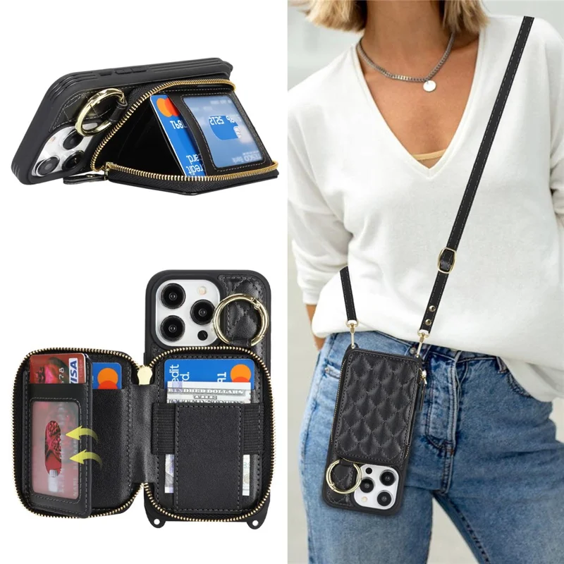 For iPhone 14 Pro Case Ring Holder Zipper Pocket Kickstand Leather Back Phone Cover with Shoulder Strap - Black