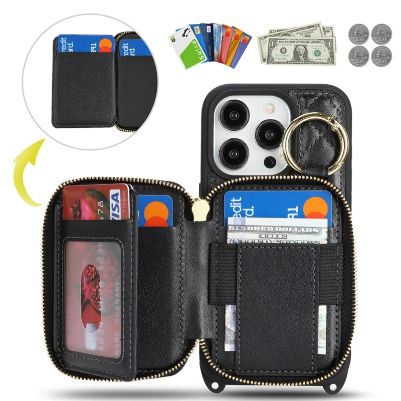 For iPhone 14 Pro Case Ring Holder Zipper Pocket Kickstand Leather Back Phone Cover with Shoulder Strap - Black