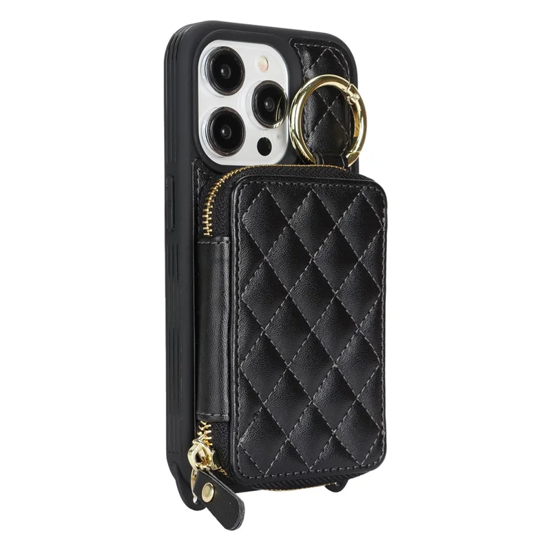 For iPhone 14 Pro Case Ring Holder Zipper Pocket Kickstand Leather Back Phone Cover with Shoulder Strap - Black
