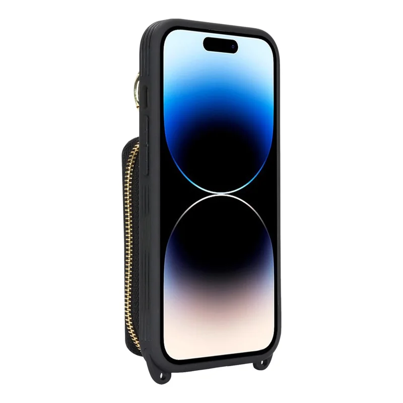 For iPhone 14 Pro Case Ring Holder Zipper Pocket Kickstand Leather Back Phone Cover with Shoulder Strap - Black