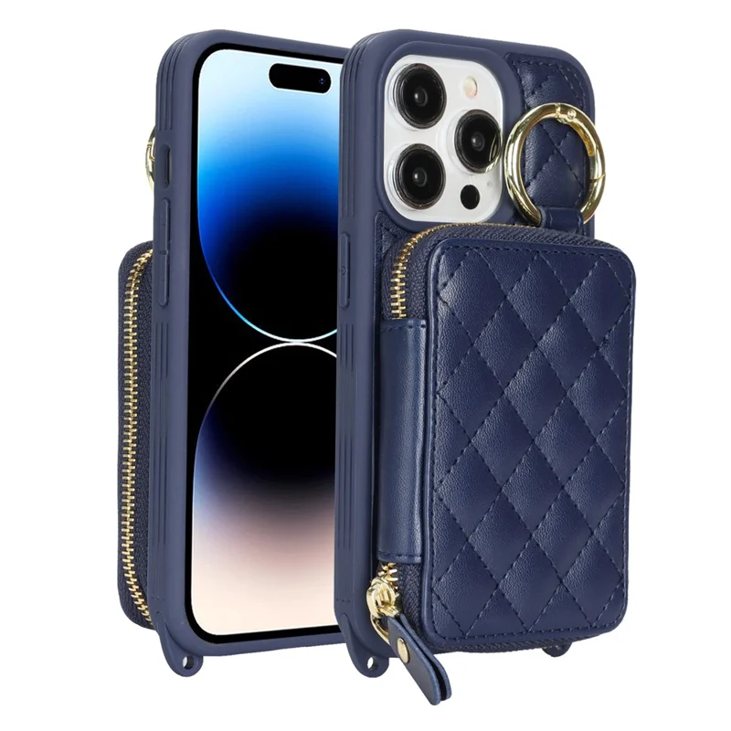 Capa para Telemóvel com Suporte de Anel, Bolso com Fecho, Suporte, Pele Azul com Alça de Ombro para iPhone 14 Pro Max