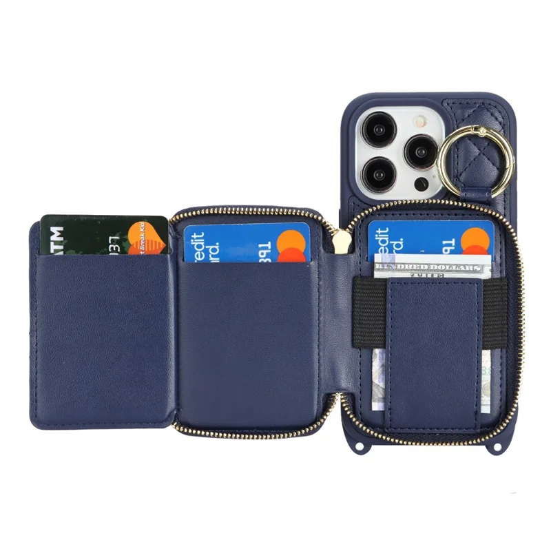 Capa para Telemóvel com Suporte de Anel, Bolso com Fecho, Suporte, Pele Azul com Alça de Ombro para iPhone 14 Pro Max