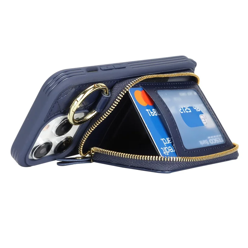 Capa para Telemóvel com Suporte de Anel, Bolso com Fecho, Suporte, Pele Azul com Alça de Ombro para iPhone 14 Pro Max