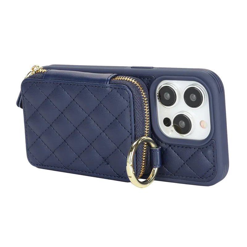 Capa para Telemóvel com Suporte de Anel, Bolso com Fecho, Suporte, Pele Azul com Alça de Ombro para iPhone 14 Pro Max