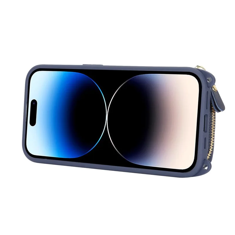 Capa para Telemóvel com Suporte de Anel, Bolso com Fecho, Suporte, Pele Azul com Alça de Ombro para iPhone 14 Pro Max