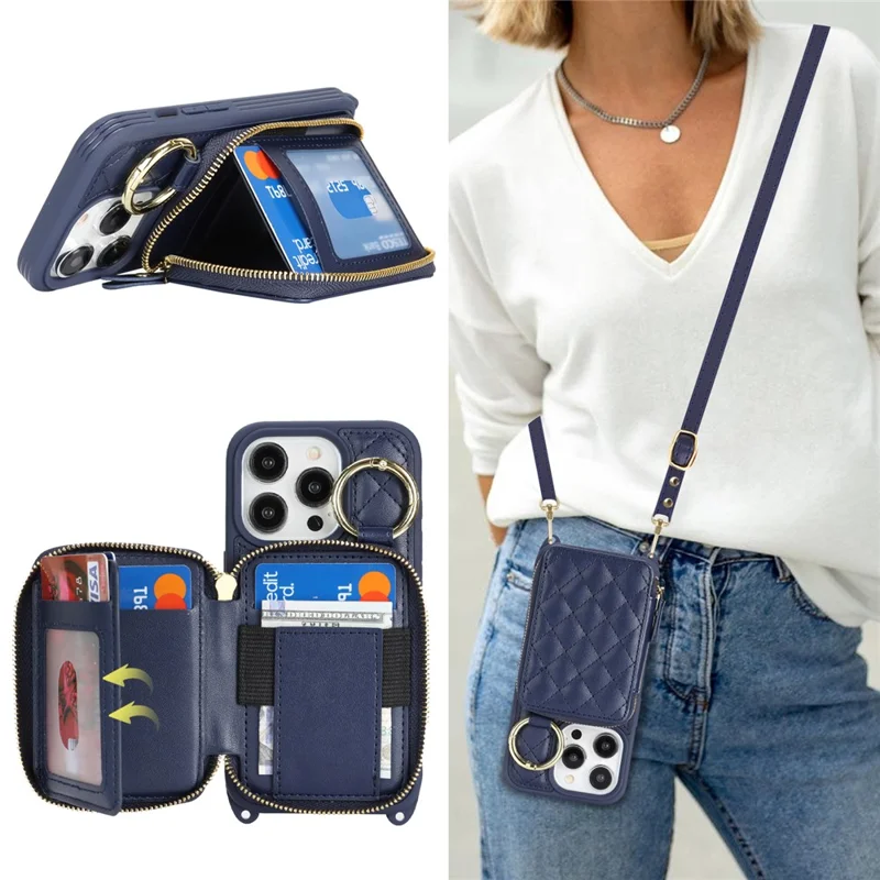 Capa para Telemóvel com Suporte de Anel, Bolso com Fecho, Suporte, Pele Azul com Alça de Ombro para iPhone 14 Pro Max