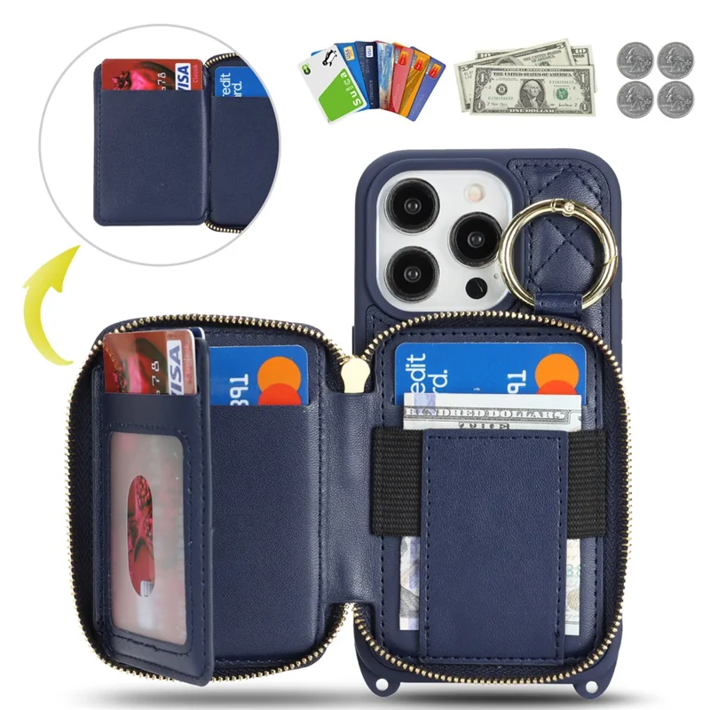 Capa para Telemóvel com Suporte de Anel, Bolso com Fecho, Suporte, Pele Azul com Alça de Ombro para iPhone 14 Pro Max