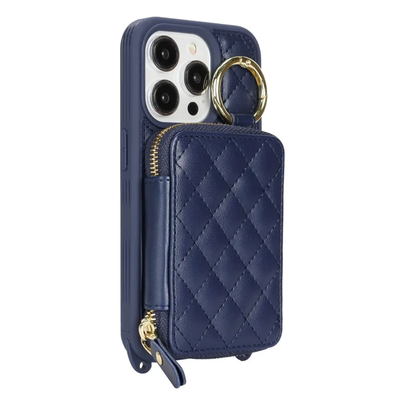 Capa para Telemóvel com Suporte de Anel, Bolso com Fecho, Suporte, Pele Azul com Alça de Ombro para iPhone 14 Pro Max