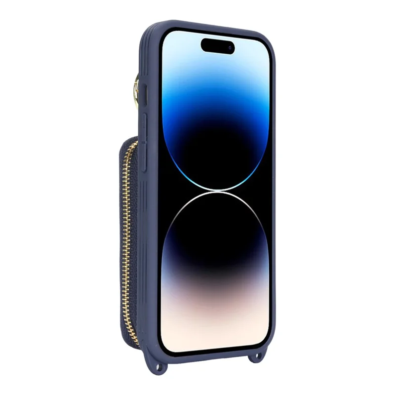 Capa para Telemóvel com Suporte de Anel, Bolso com Fecho, Suporte, Pele Azul com Alça de Ombro para iPhone 14 Pro Max