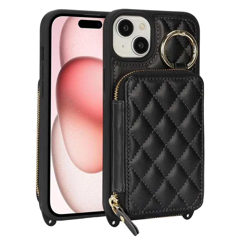 For iPhone 15 Case Ring Holder Zipper Pocket Kickstand Leather Back Phone Cover with Shoulder Strap - Black