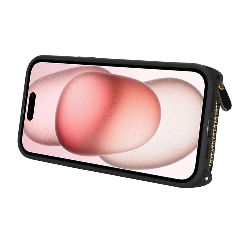 For iPhone 15 Case Ring Holder Zipper Pocket Kickstand Leather Back Phone Cover with Shoulder Strap - Black