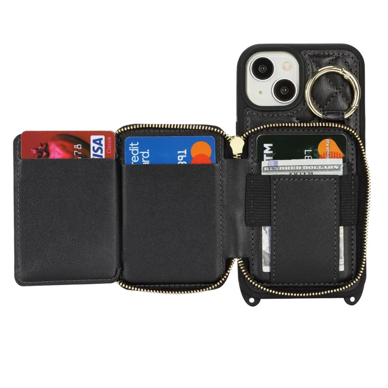 For iPhone 15 Case Ring Holder Zipper Pocket Kickstand Leather Back Phone Cover with Shoulder Strap - Black