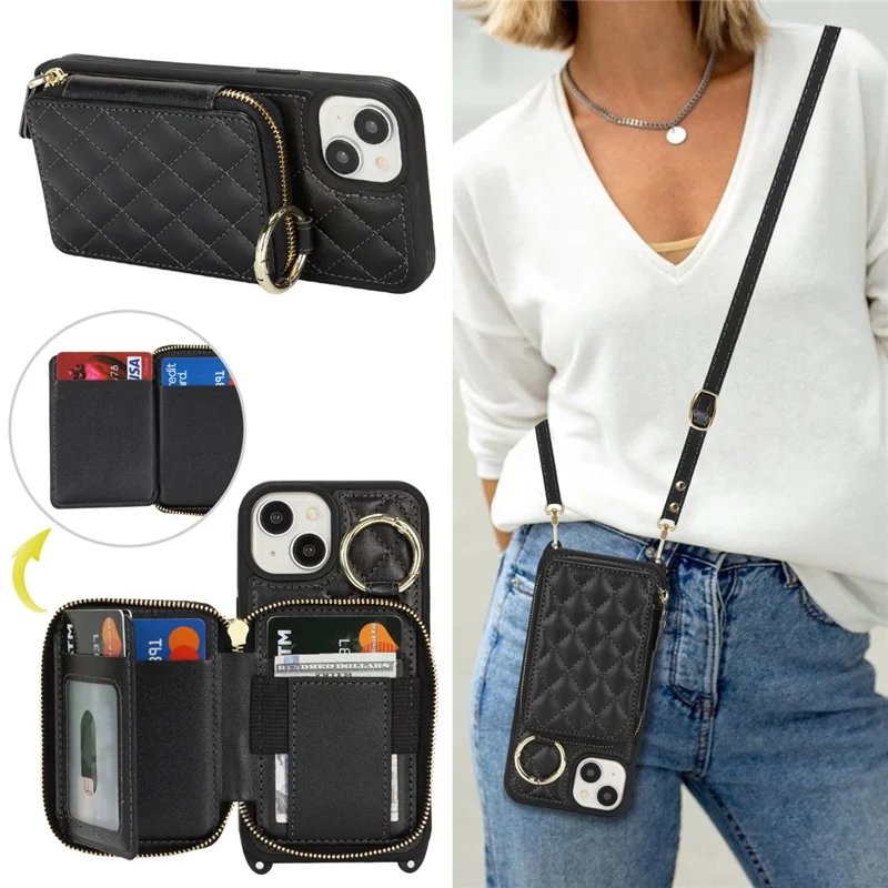 For iPhone 15 Case Ring Holder Zipper Pocket Kickstand Leather Back Phone Cover with Shoulder Strap - Black