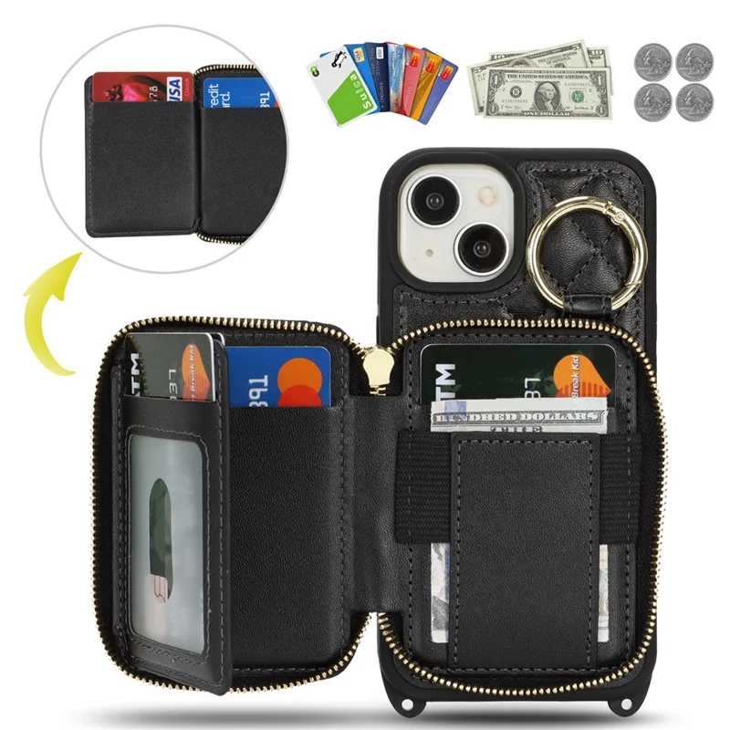 For iPhone 15 Case Ring Holder Zipper Pocket Kickstand Leather Back Phone Cover with Shoulder Strap - Black