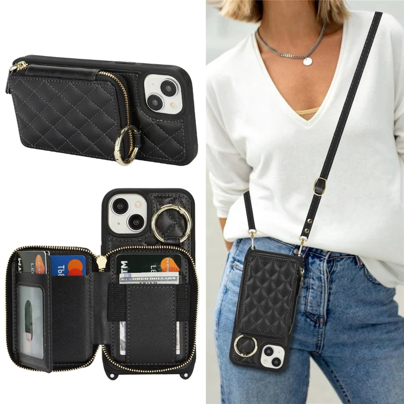 For iPhone 15 Case Ring Holder Zipper Pocket Kickstand Leather Back Phone Cover with Shoulder Strap - Black