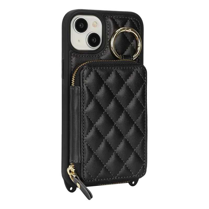 For iPhone 15 Case Ring Holder Zipper Pocket Kickstand Leather Back Phone Cover with Shoulder Strap - Black