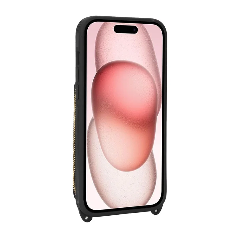 For iPhone 15 Case Ring Holder Zipper Pocket Kickstand Leather Back Phone Cover with Shoulder Strap - Black