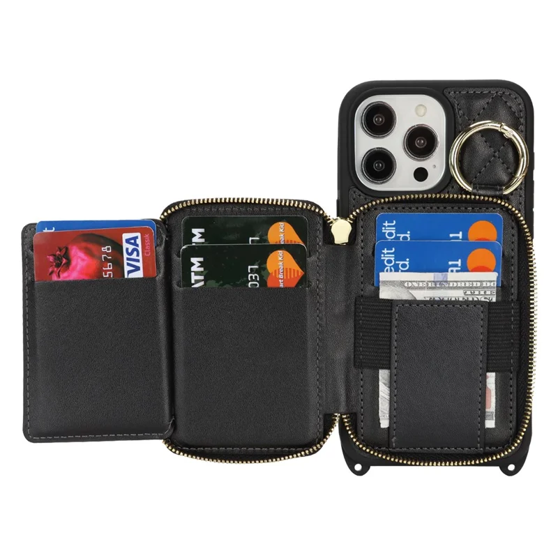 For iPhone 15 Pro Case Ring Holder Zipper Pocket Kickstand Leather Back Phone Cover with Shoulder Strap - Black