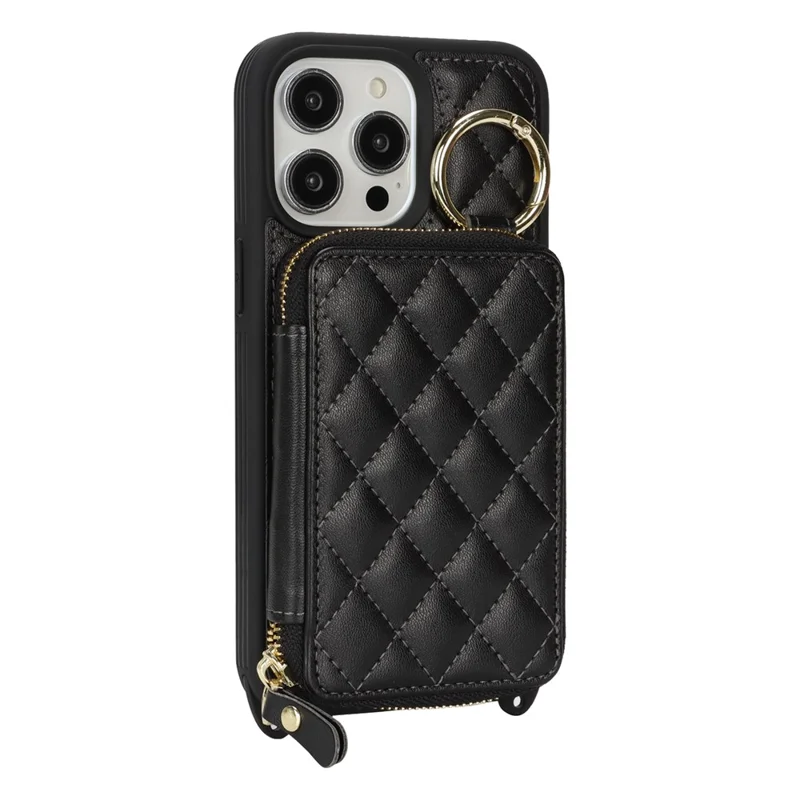 For iPhone 15 Pro Case Ring Holder Zipper Pocket Kickstand Leather Back Phone Cover with Shoulder Strap - Black