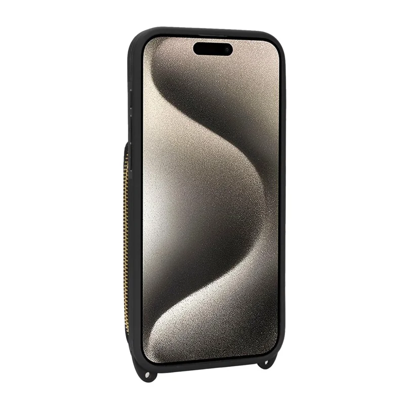 For iPhone 15 Pro Case Ring Holder Zipper Pocket Kickstand Leather Back Phone Cover with Shoulder Strap - Black