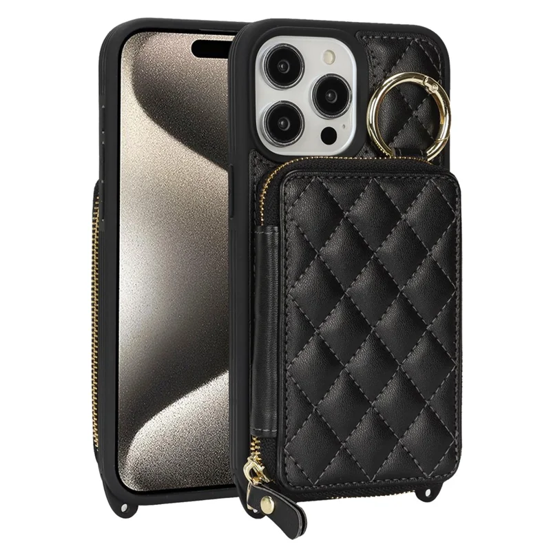 Capa para Telemóvel com Suporte de Anel, Bolso com Fecho, Suporte de Apoio Traseiro em Pele e Alça de Ombro Amovível - Preto para iPhone 15 Pro Max