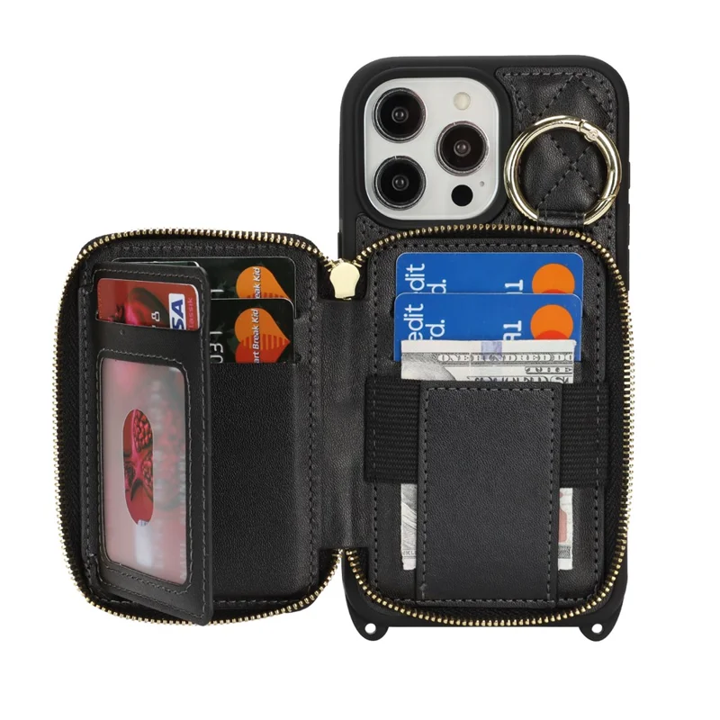 Capa para Telemóvel com Suporte de Anel, Bolso com Fecho, Suporte de Apoio Traseiro em Pele e Alça de Ombro Amovível - Preto para iPhone 15 Pro Max