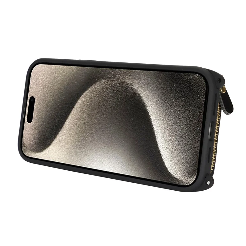 Capa para Telemóvel com Suporte de Anel, Bolso com Fecho, Suporte de Apoio Traseiro em Pele e Alça de Ombro Amovível - Preto para iPhone 15 Pro Max