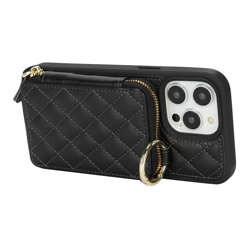 Capa para Telemóvel com Suporte de Anel, Bolso com Fecho, Suporte de Apoio Traseiro em Pele e Alça de Ombro Amovível - Preto para iPhone 15 Pro Max