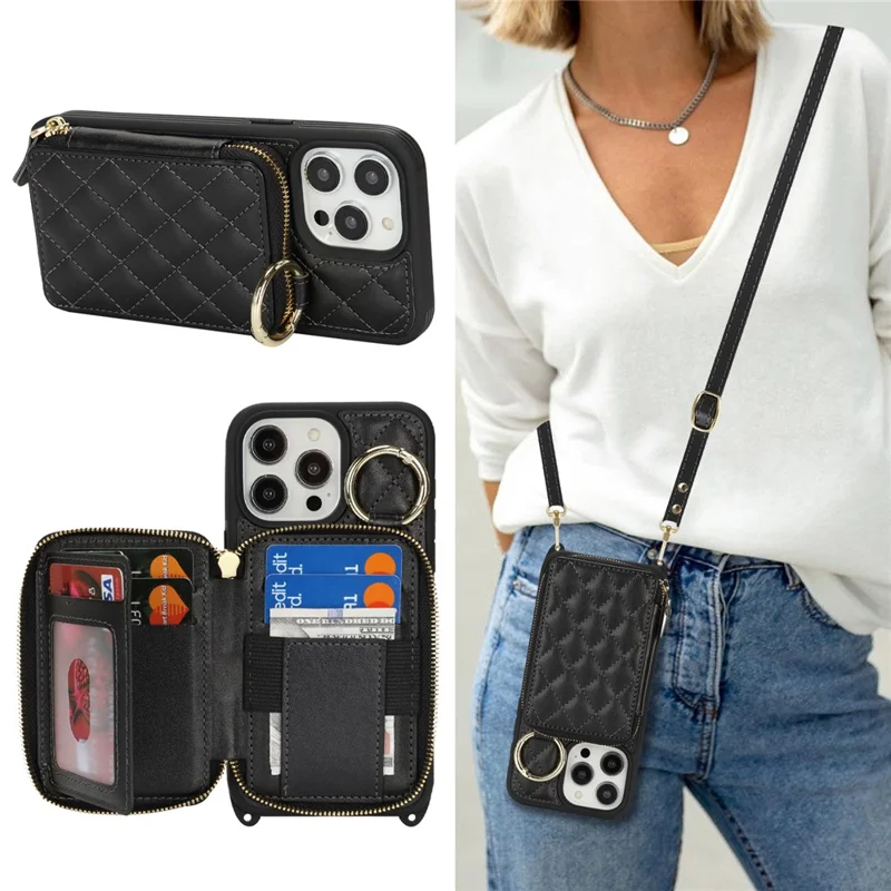 Capa para Telemóvel com Suporte de Anel, Bolso com Fecho, Suporte de Apoio Traseiro em Pele e Alça de Ombro Amovível - Preto para iPhone 15 Pro Max