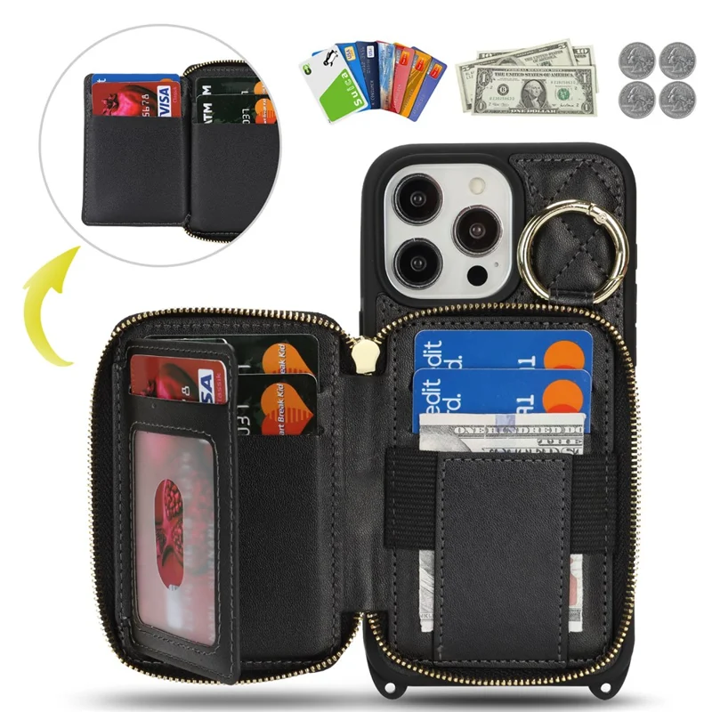 Capa para Telemóvel com Suporte de Anel, Bolso com Fecho, Suporte de Apoio Traseiro em Pele e Alça de Ombro Amovível - Preto para iPhone 15 Pro Max