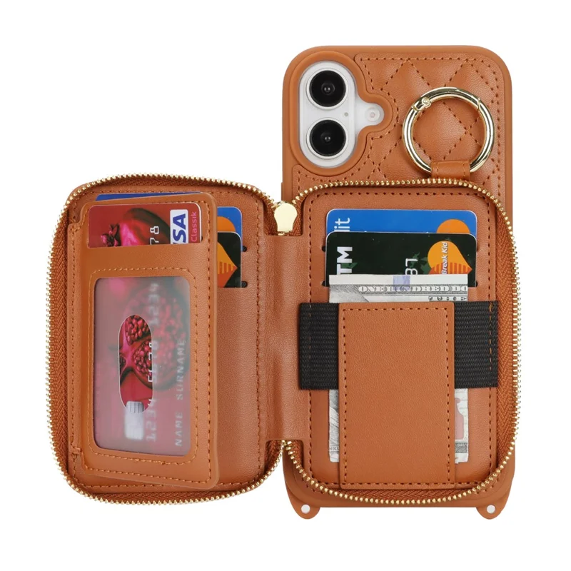 Für iPhone 16 Hülle mit Ringhalter, Reißverschlussfach, Ständer, Lederrückseite und Schultergurt - Braun