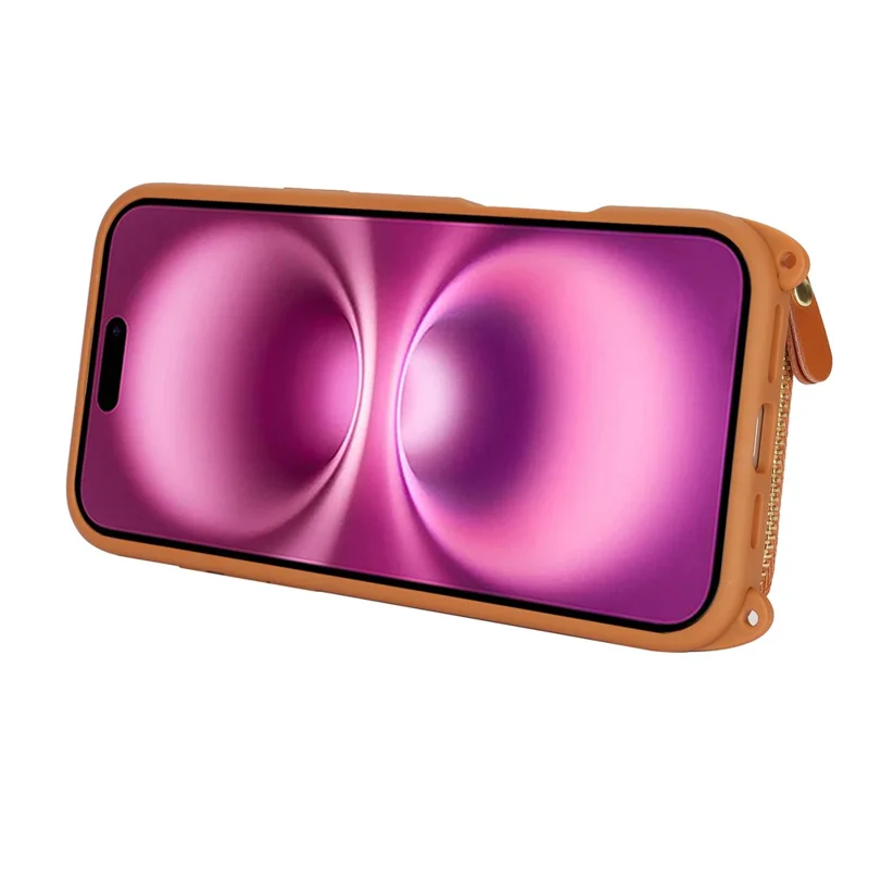 Für iPhone 16 Hülle mit Ringhalter, Reißverschlussfach, Ständer, Lederrückseite und Schultergurt - Braun