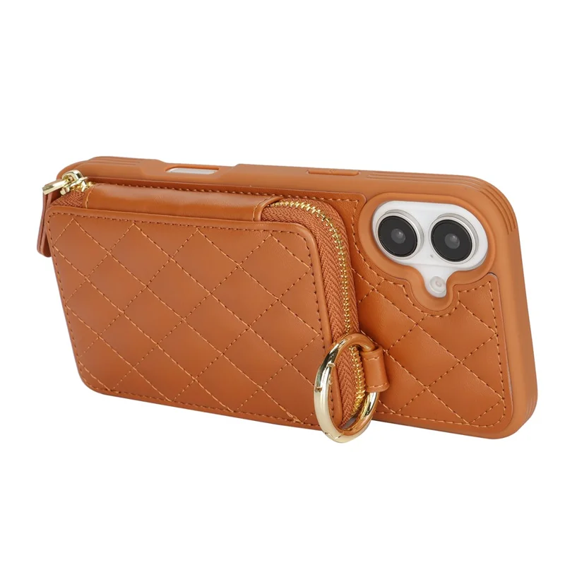 Für iPhone 16 Hülle mit Ringhalter, Reißverschlussfach, Ständer, Lederrückseite und Schultergurt - Braun