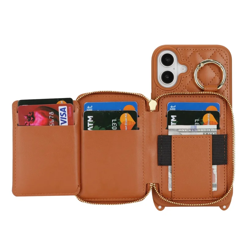 Für iPhone 16 Hülle mit Ringhalter, Reißverschlussfach, Ständer, Lederrückseite und Schultergurt - Braun