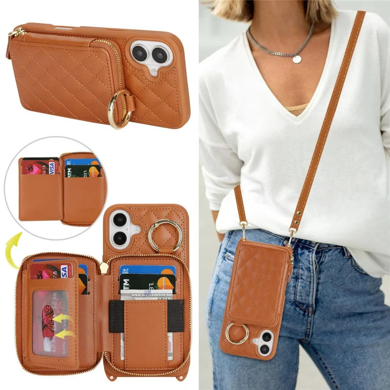 Für iPhone 16 Hülle mit Ringhalter, Reißverschlussfach, Ständer, Lederrückseite und Schultergurt - Braun