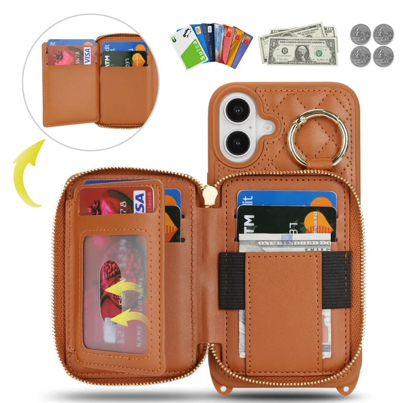 Für iPhone 16 Hülle mit Ringhalter, Reißverschlussfach, Ständer, Lederrückseite und Schultergurt - Braun