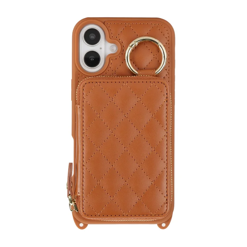 Für iPhone 16 Hülle mit Ringhalter, Reißverschlussfach, Ständer, Lederrückseite und Schultergurt - Braun