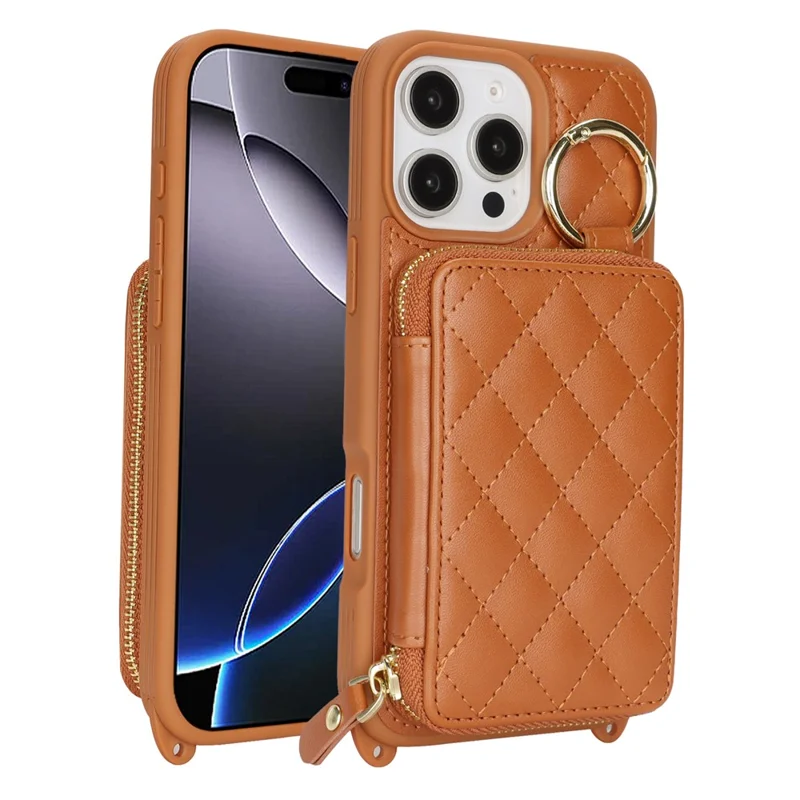 Capa de Telemóvel com Suporte de Anel, Bolso com Fecho de Correr, Suporte, Pele Castanha com Alça de Ombro para iPhone 16 Pro
