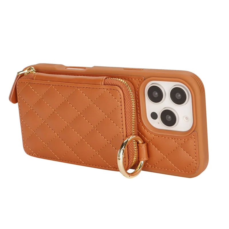 Capa de Telemóvel com Suporte de Anel, Bolso com Fecho de Correr, Suporte, Pele Castanha com Alça de Ombro para iPhone 16 Pro