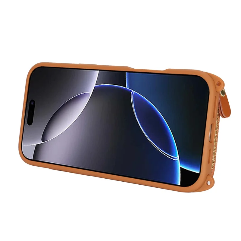 Capa de Telemóvel com Suporte de Anel, Bolso com Fecho de Correr, Suporte, Pele Castanha com Alça de Ombro para iPhone 16 Pro