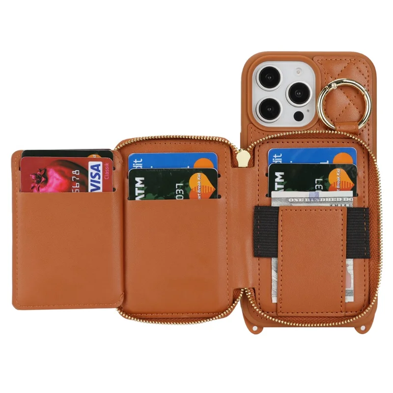 Capa de Telemóvel com Suporte de Anel, Bolso com Fecho de Correr, Suporte, Pele Castanha com Alça de Ombro para iPhone 16 Pro
