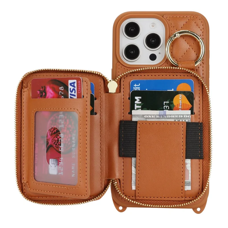 Capa de Telemóvel com Suporte de Anel, Bolso com Fecho de Correr, Suporte, Pele Castanha com Alça de Ombro para iPhone 16 Pro
