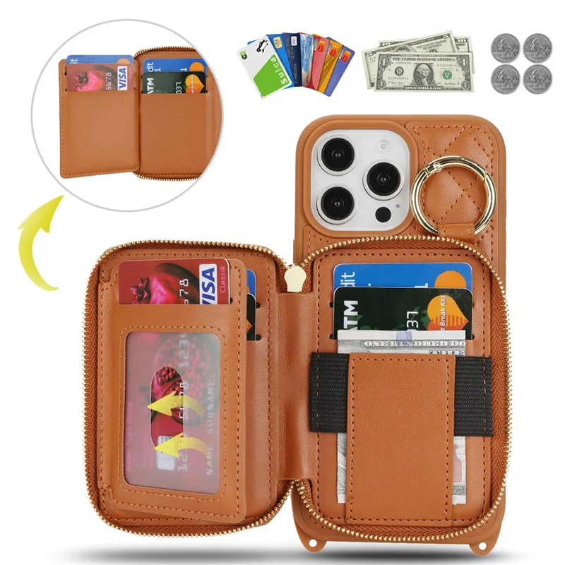 Capa de Telemóvel com Suporte de Anel, Bolso com Fecho de Correr, Suporte, Pele Castanha com Alça de Ombro para iPhone 16 Pro