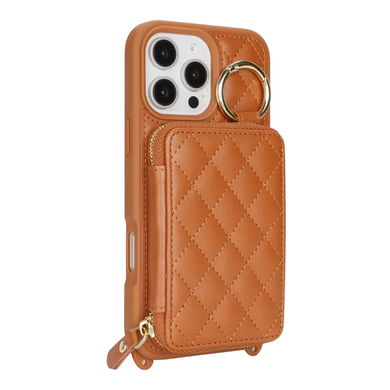 Capa de Telemóvel com Suporte de Anel, Bolso com Fecho de Correr, Suporte, Pele Castanha com Alça de Ombro para iPhone 16 Pro