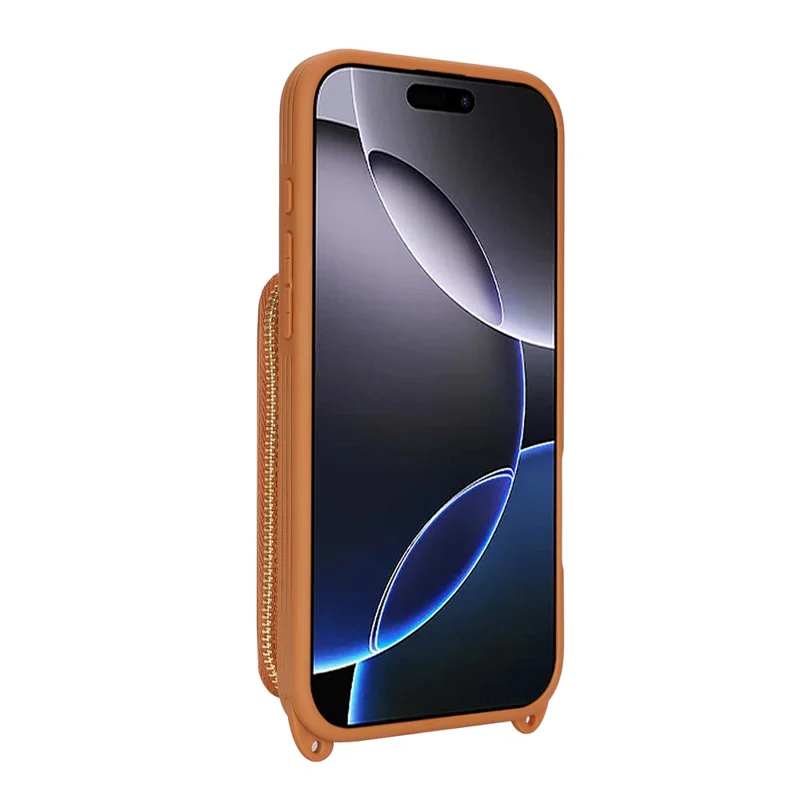 Capa de Telemóvel com Suporte de Anel, Bolso com Fecho de Correr, Suporte, Pele Castanha com Alça de Ombro para iPhone 16 Pro