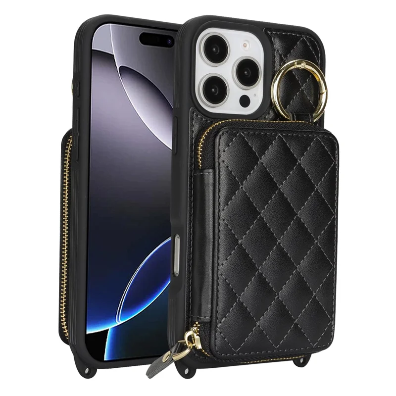 For iPhone 16 Pro Max Case Ring Holder Zipper Pocket Kickstand Leather Back Phone Cover with Shoulder Strap - Black