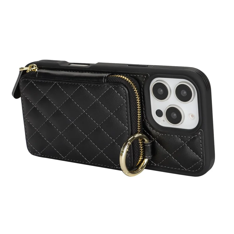 For iPhone 16 Pro Max Case Ring Holder Zipper Pocket Kickstand Leather Back Phone Cover with Shoulder Strap - Black