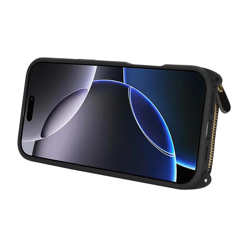 For iPhone 16 Pro Max Case Ring Holder Zipper Pocket Kickstand Leather Back Phone Cover with Shoulder Strap - Black