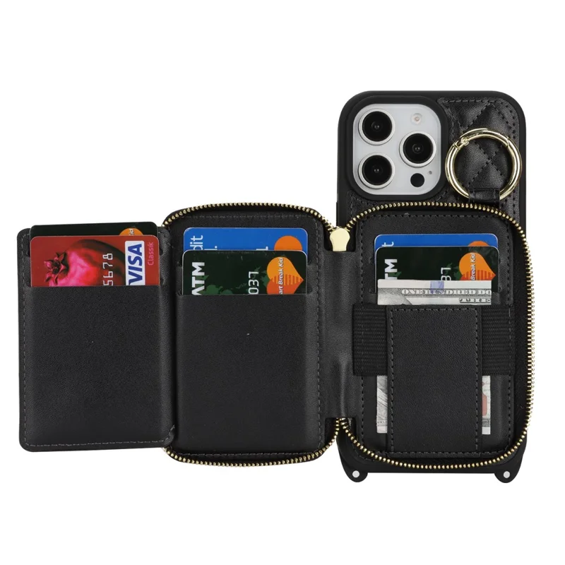 For iPhone 16 Pro Max Case Ring Holder Zipper Pocket Kickstand Leather Back Phone Cover with Shoulder Strap - Black