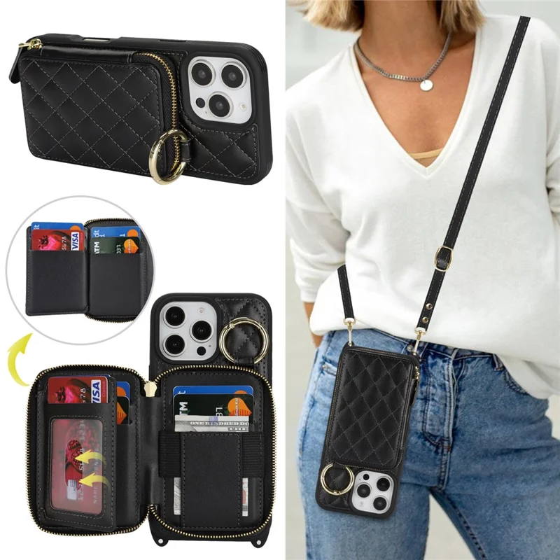 For iPhone 16 Pro Max Case Ring Holder Zipper Pocket Kickstand Leather Back Phone Cover with Shoulder Strap - Black